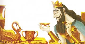 मिडास, लंबे कानों वाला फ़्रीगिया का एक राजा, देवता डायोनिसस का उपासक, जिसे हर चीज़ को सोने में बदलने का उपहार मिला था, हर चीज़ को सोने में बदल देता है